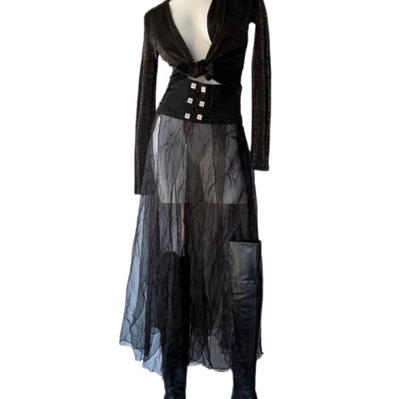 Biche de bere black sheer crinkled paneled skirt with silver details - Picture 2 of 4